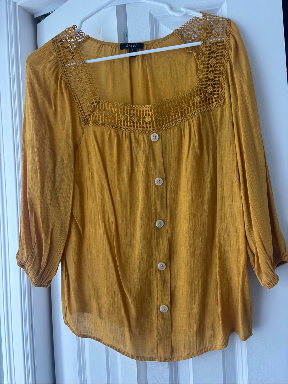 AUW Mustard Crochet-Trim Button-Front Women’s Blouse